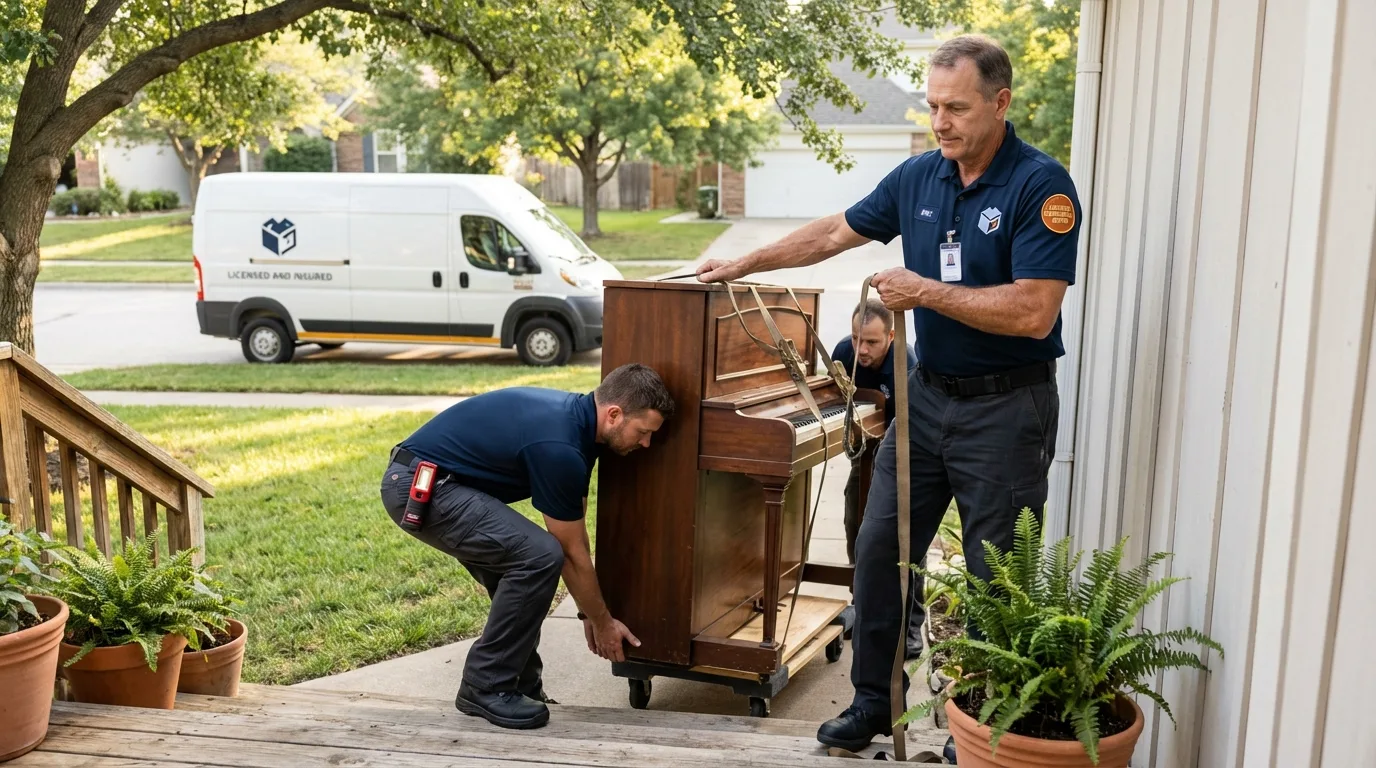 Licensed piano movers securing grand piano in Oxford, AL